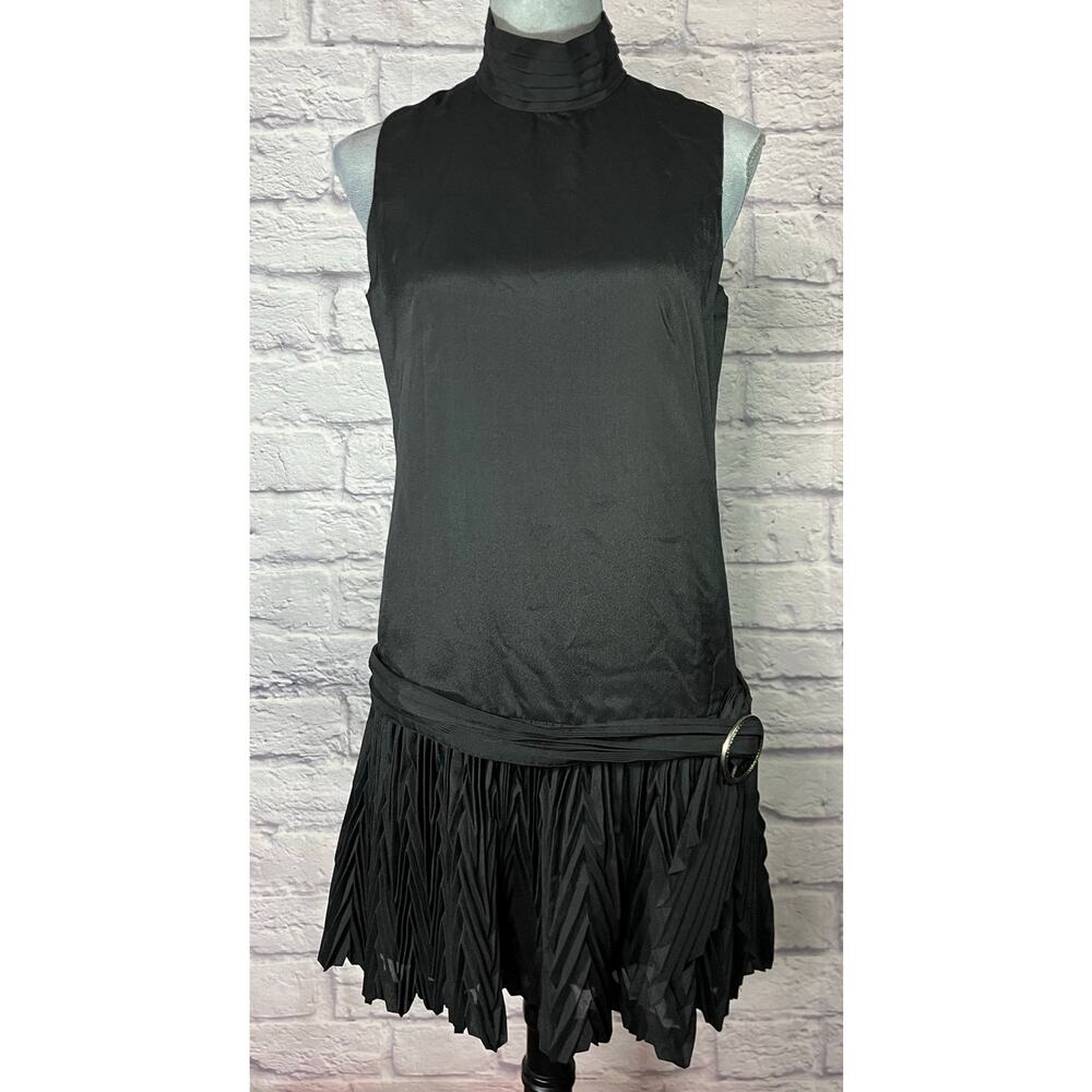 Vintage Ceci California 70's Black Drop Waist Chevron Pleated Mini Dress